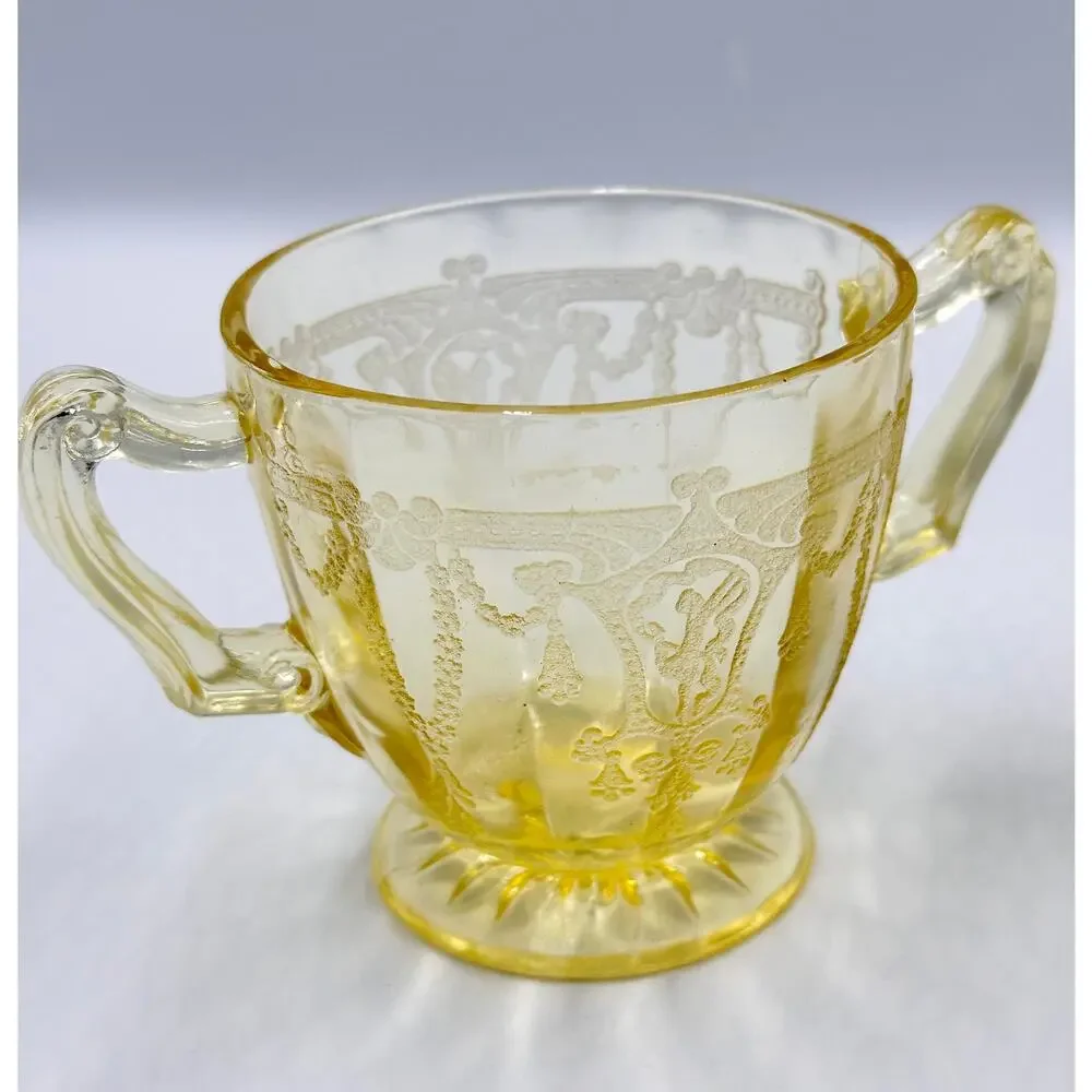 1930 Anchor Hocking Cameo Ballerina Vaseline Canary Glass Sugar Dessert Bowl Set